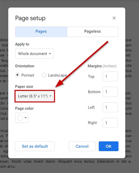 how to change page size in google docs web