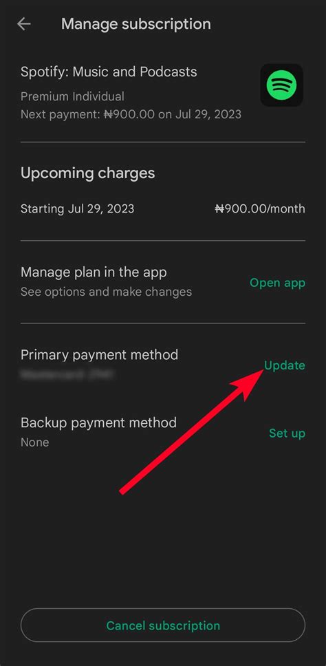 how to change payment method on spotify app