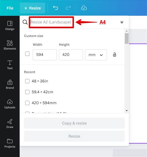 how to change size in canva to a4