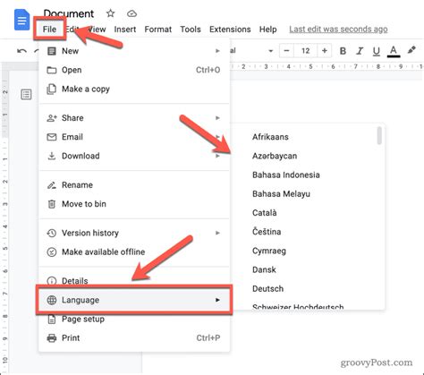how to change spelling language in google docs