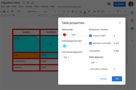 how to change table properties in google docs
