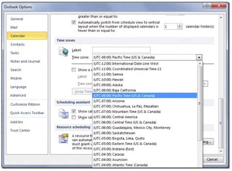 how to change the default time zone in outlook