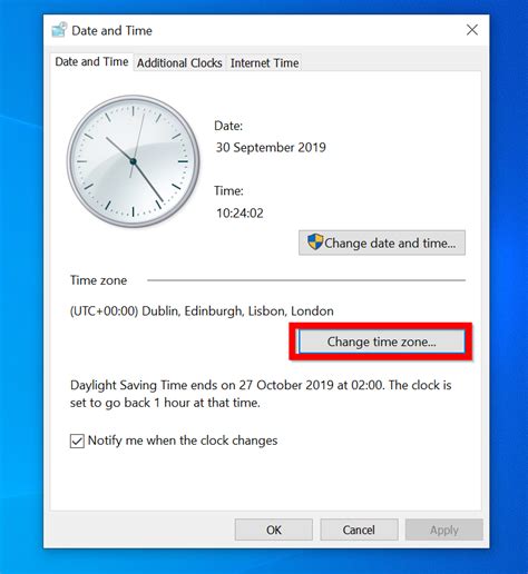 how to change time zones on windows 10