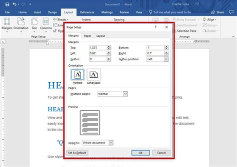 how to change upper margin in word