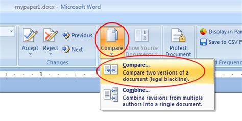 how to compare two word documents track changes