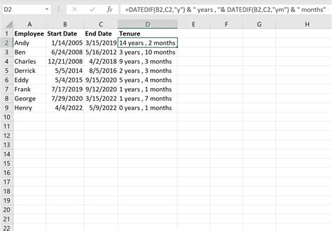 how to compute tenure in days in excel