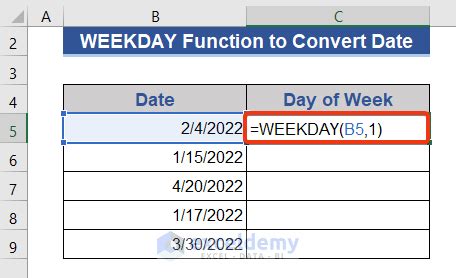 how to convert date to weekday in excel