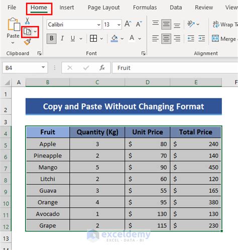 how to copy and paste in excel keeping the same format