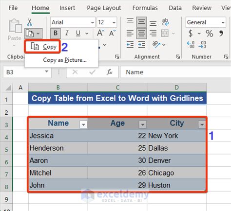 how to copy data from excel to word with gridlines