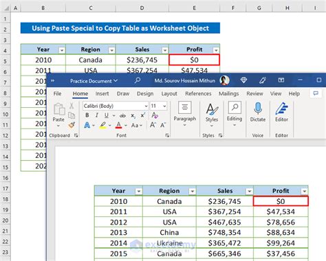how to copy excel table into word with formulas
