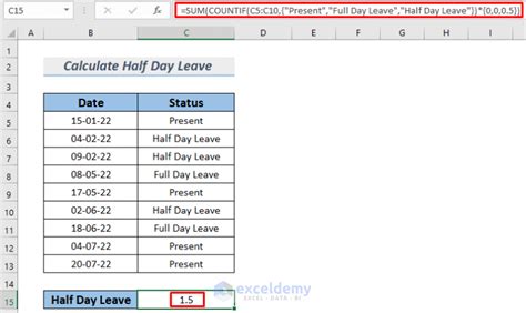 how to count half day leave in excel