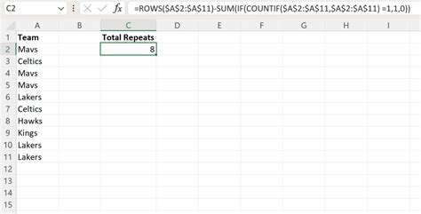 how to count repeated values in excel using formula