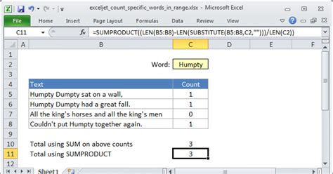 how to count specific words in excel row formula