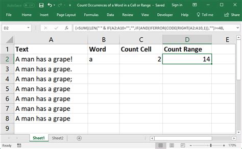 how to count word in excel using formula