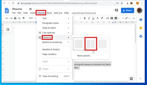 how to create 2 columns of text in google docs