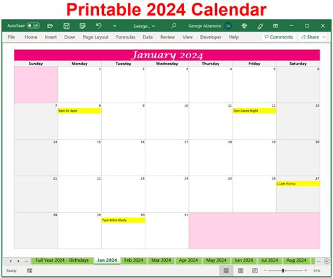 how to create a 2024 calendar in excel sheet template
