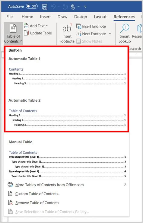 how to create a blank table of contents in word