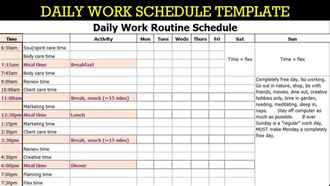 how to create a daily work schedule in excel