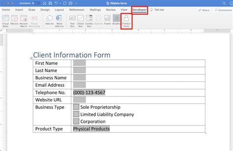 how to create a fill in form in word