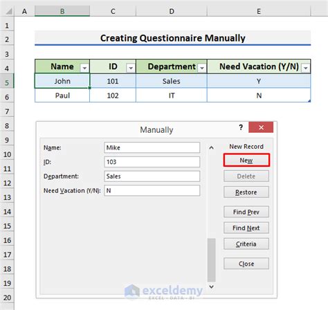 how to create a questionnaire in excel