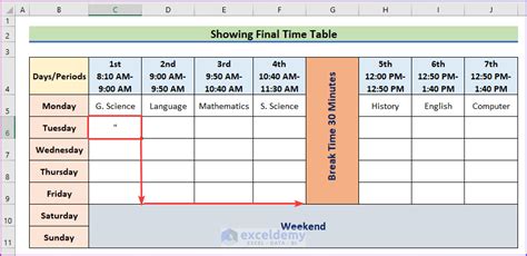 how to create a time table on excel