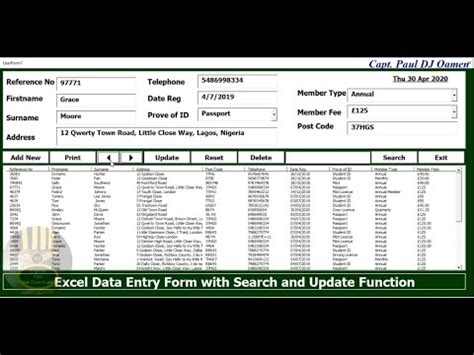 how to create an excel vba data entry form with update and search function