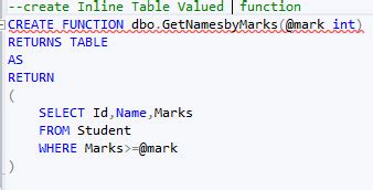 how to create an inline table valued function in sql server