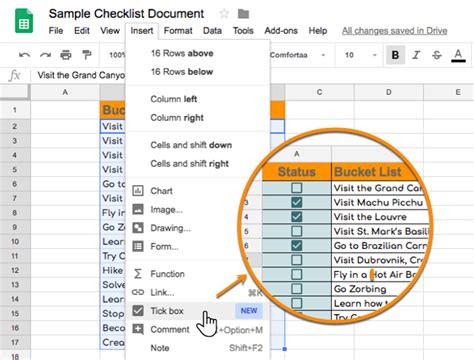 how to create checkbox in google sheets