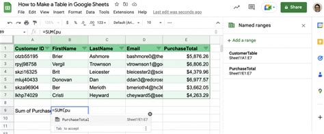 how to create data table in google sheets