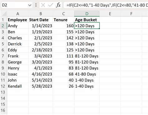 how to create days bucket in excel
