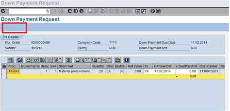 how to create down payment request in sap