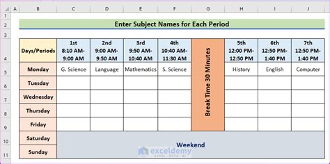 how to create school time table in excel