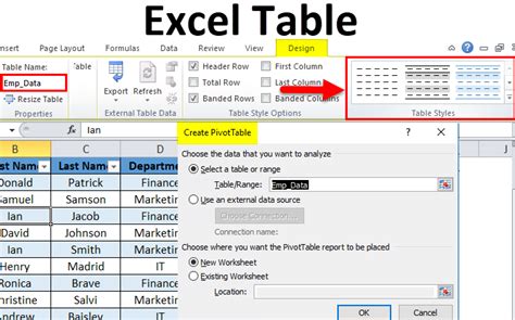 how to create table list in excel