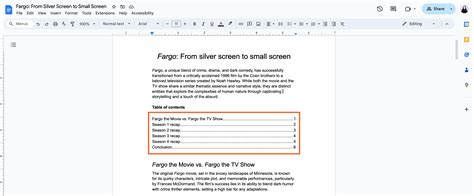 how to create table of contents in google docs with link