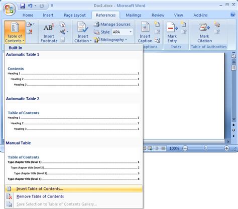 How To Create Table Of Contents In Word 2007 Example