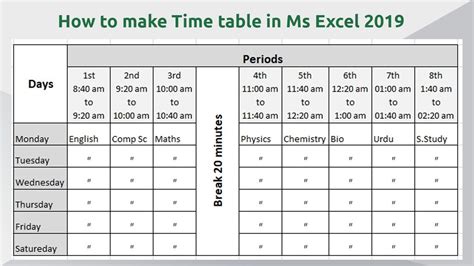 how to create time table in ms excel step by step