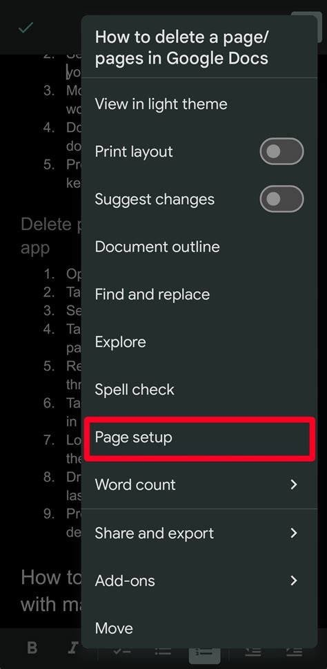 how to delete a page on google docs mobile