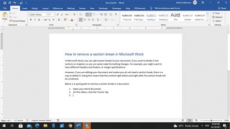 how to delete a section break in word document