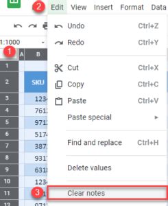 how to delete all notes in google sheets