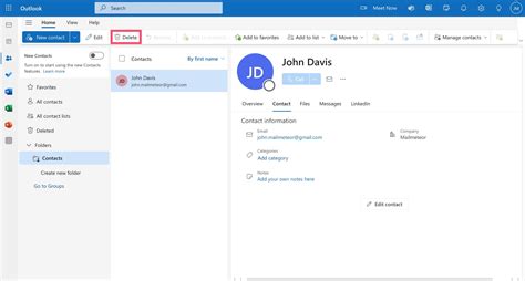 how to delete an email address from contacts in outlook