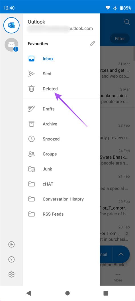 how to delete email folders in outlook on android