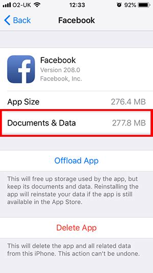 how to delete facebook documents and data on iphone without deleting