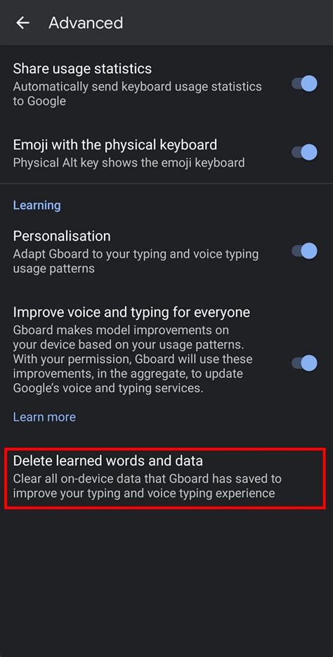 how to delete keyboard words on android