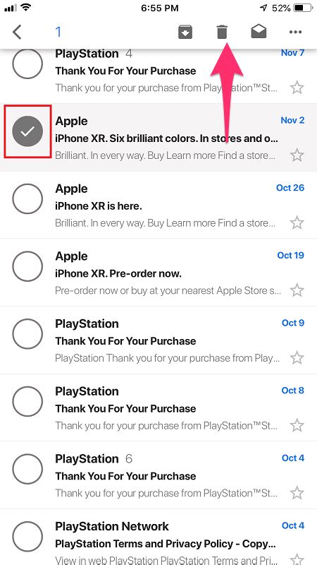 how to delete multiple emails gmail iphone