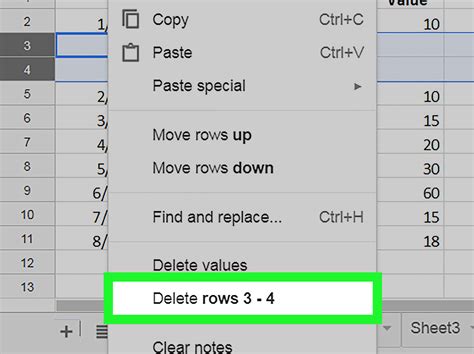 how to delete rows in sheets on mac