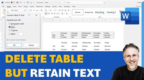 how to delete table but keep text word