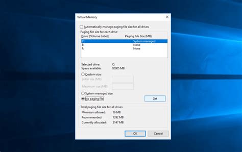 how to disable page file in windows 10