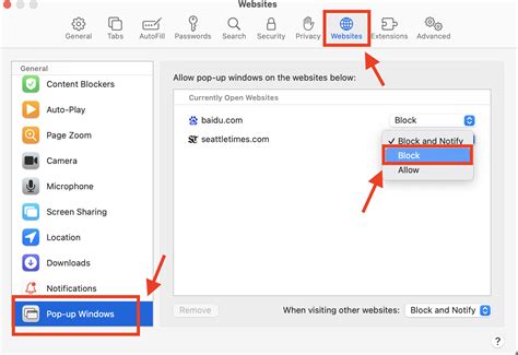 how to disable pop up blocker for a specific site safari