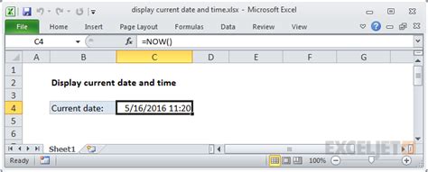 how to display current date and time in excel function