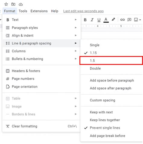 how to do 1.5 spacing in google docs